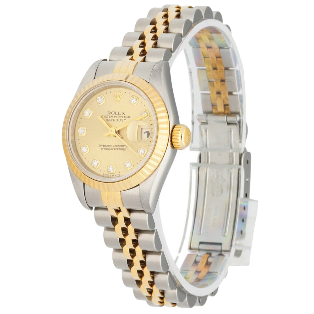 

Rolex Champagne Diamonds 18K Yellow Gold And Stainless Steel Datejust 69173 Women's Wristwatch 26 MM