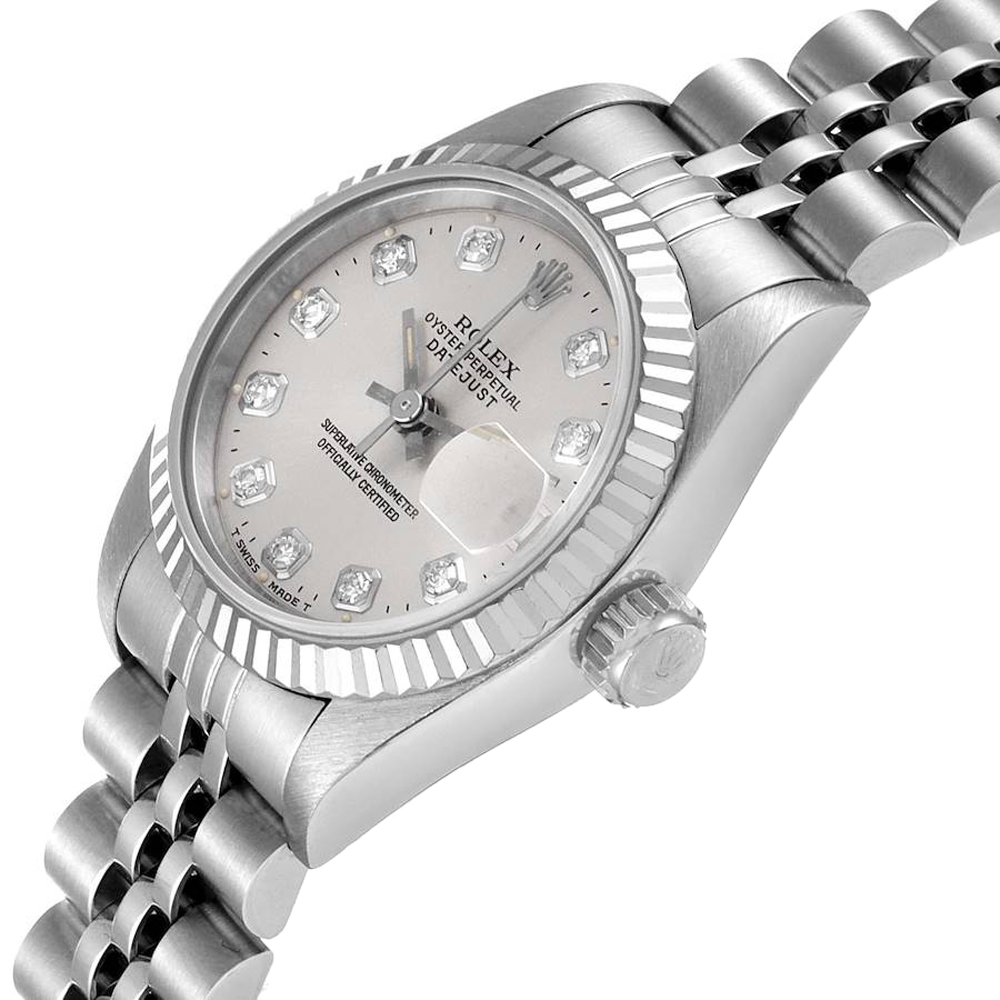 

Rolex Silver 18K White Gold Stainless Steel Diamond Datejust 69174 Women's Wristwatch