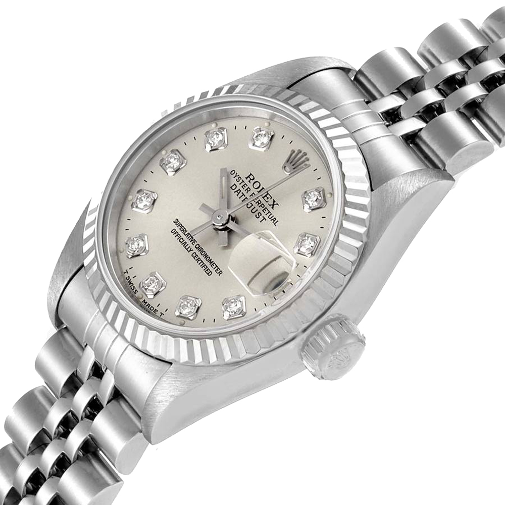 

Rolex Silver 18K White Gold Diamond Stainless Steel Datejust 69174 Women's Wristwatch