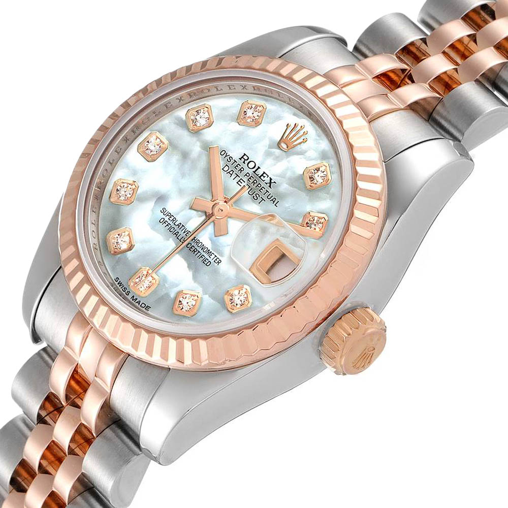 

Rolex MOP 18K Rose Gold Stainless Steel Datejust Diamond 179171 Women's Wristwatch, White