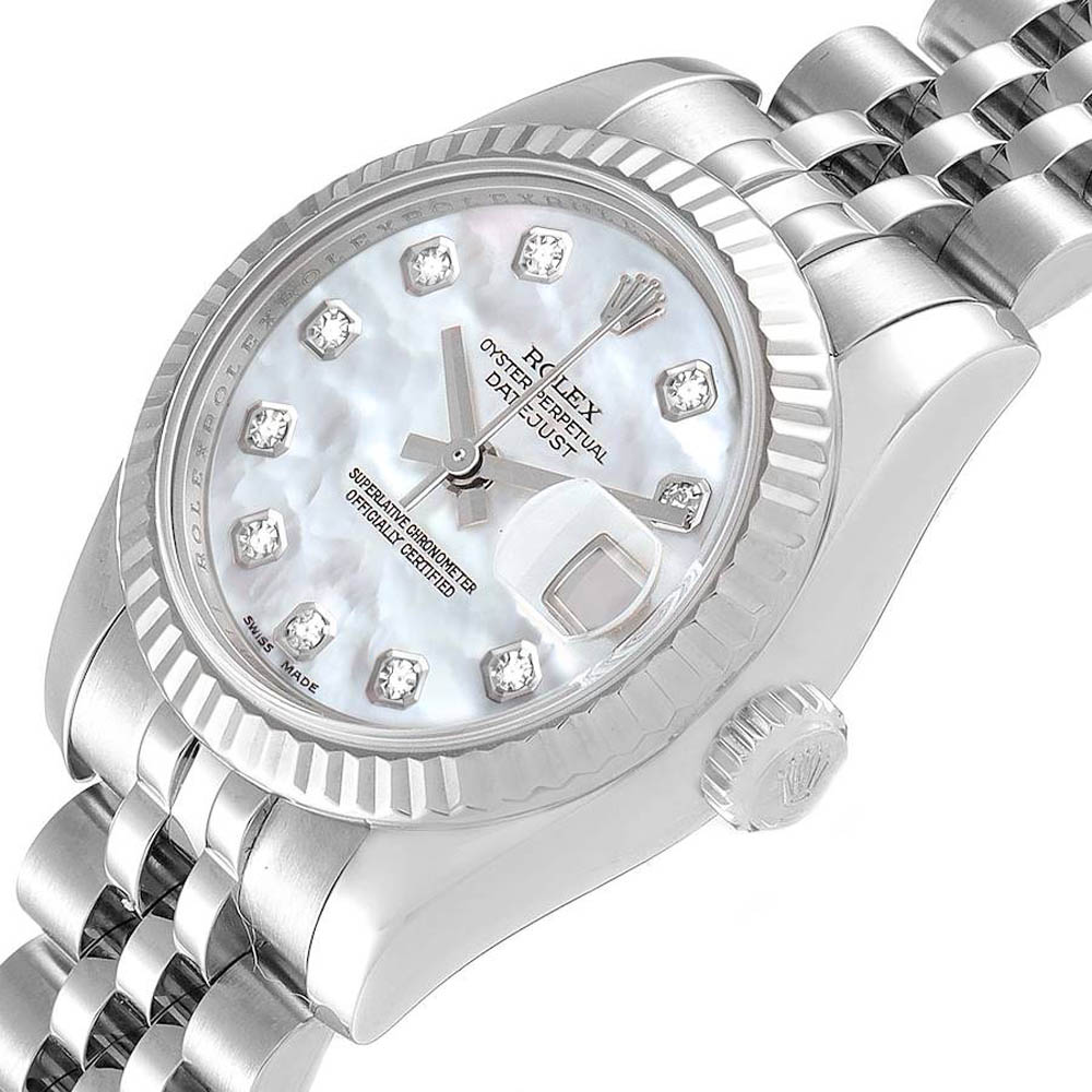 

Rolex MOP Diamonds 18k White Gold And Stainless Steel Datejust 179174 Women's Wristwatch 26 MM