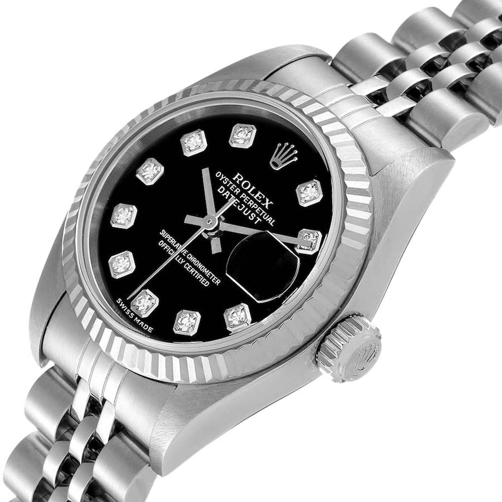 

Rolex Black Diamonds 18K White Gold And Stainless Steel Datejust 79174 Women's Wristwatch 26 MM