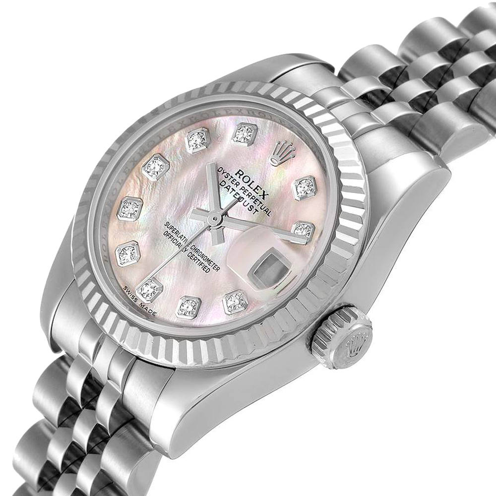 

Rolex MOP Diamonds 18k White Gold And Stainless Steel Datejust 179174 Women's Wristwatch 26 MM