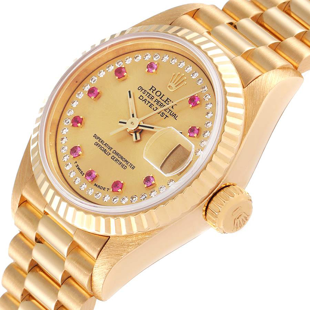 

Rolex Champagne Diamonds And Rubies 18K Yellow Gold President Datejust 69178 Women's Wristwatch 26 MM
