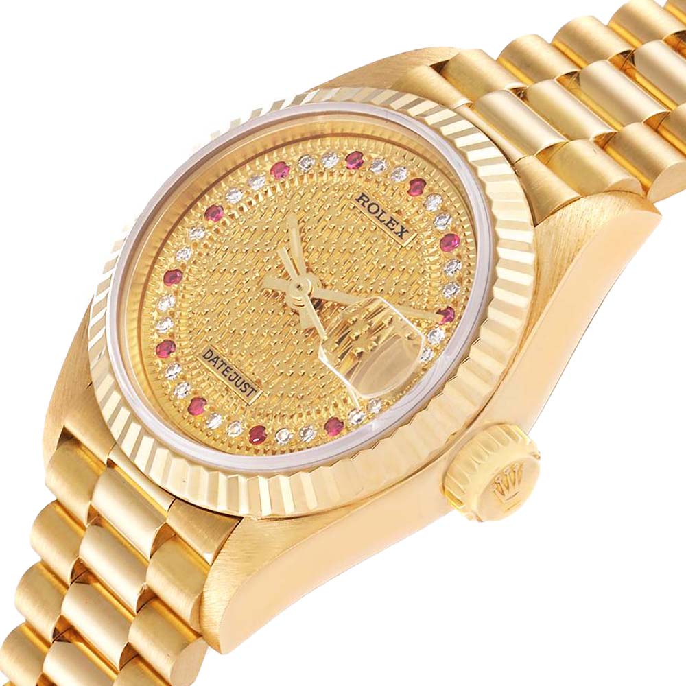 

Rolex Champagne Diamonds And Rubies 18K Yellow Gold President Datejust 69178 Women's Wristwatch 26 MM
