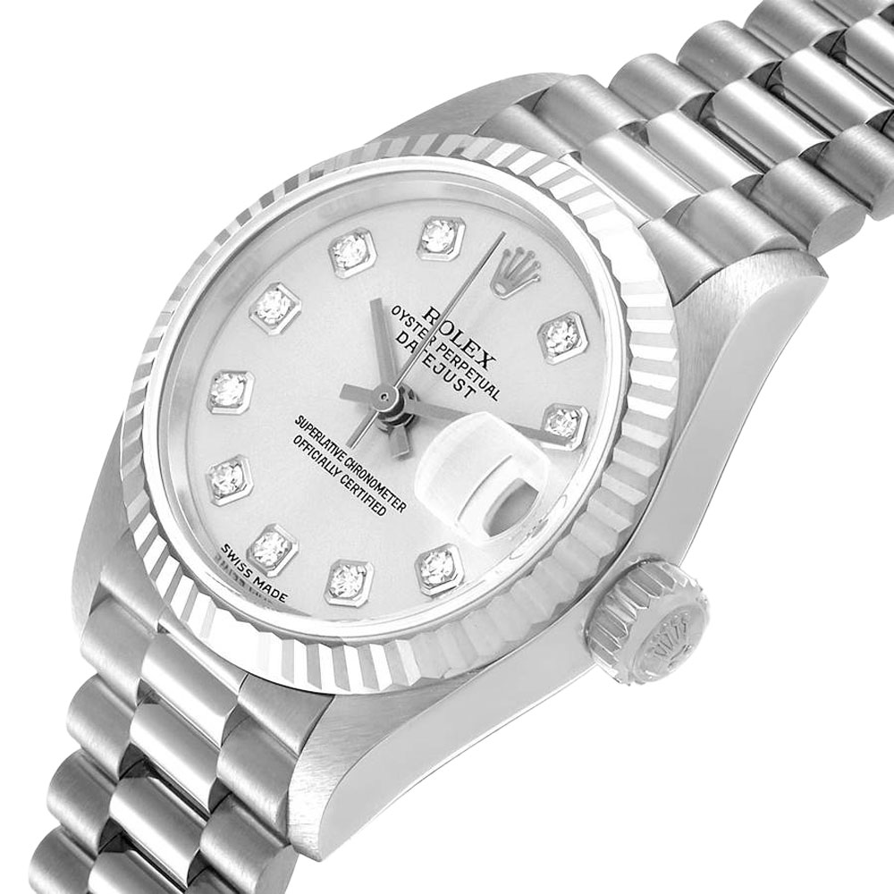 

Rolex Silver Diamonds 18K White Gold President Datejust 79179 Women's Wristwatch 26 MM