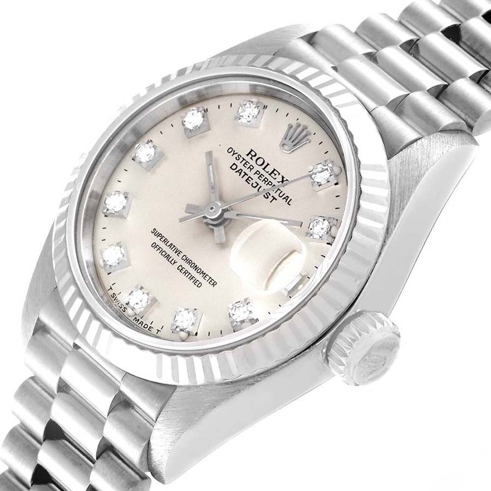 

Rolex Silver Diamonds 18K White Gold President Datejust 69179 Women's Wristwatch 26 MM