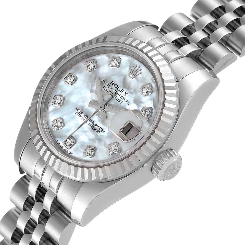 

Rolex MOP Diamonds 18k White Gold And Stainless Steel Datejust 179174 Women's Wristwatch 26 MM