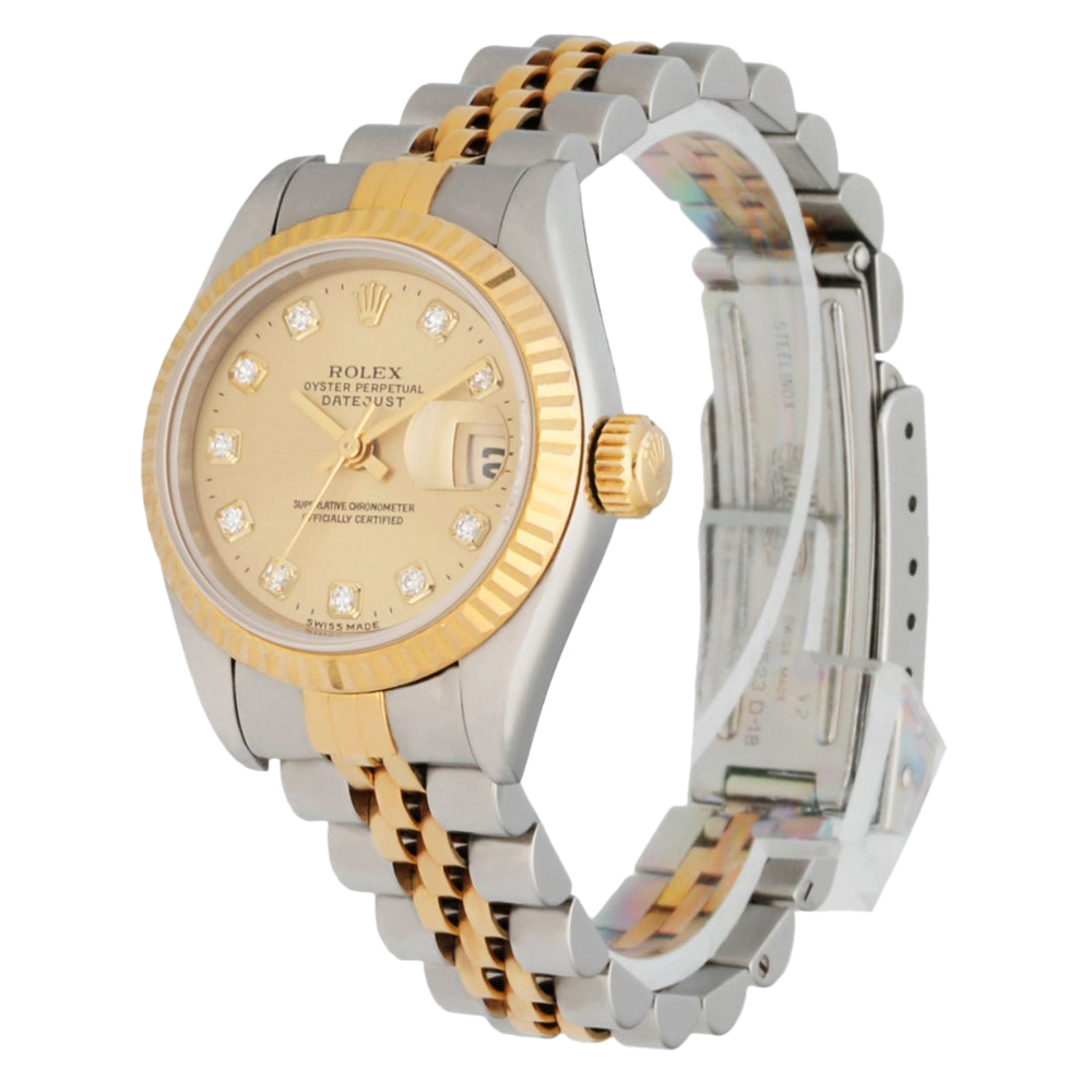 

Rolex Champagne Diamonds 18K Yellow Gold And Stainless Steel Datejust 69173 Automatic Women's Wristwatch 26 MM