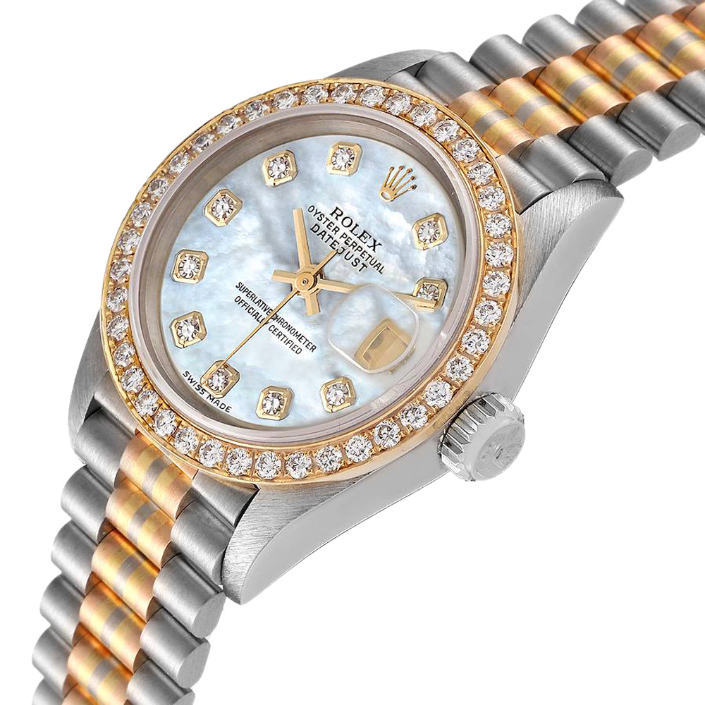 

Rolex MOP Diamonds 18K White Yellow Rose Gold President Tridor 69139 Women's Wristwatch 26 MM