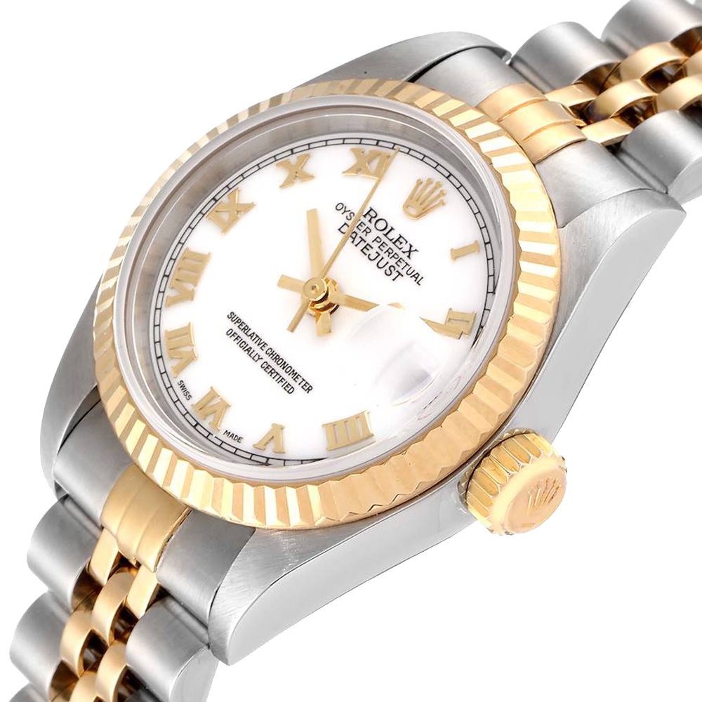 

Rolex White 18K Yellow Gold And Stainless Steel Datejust 79173 Women's Wristwatch 26 MM