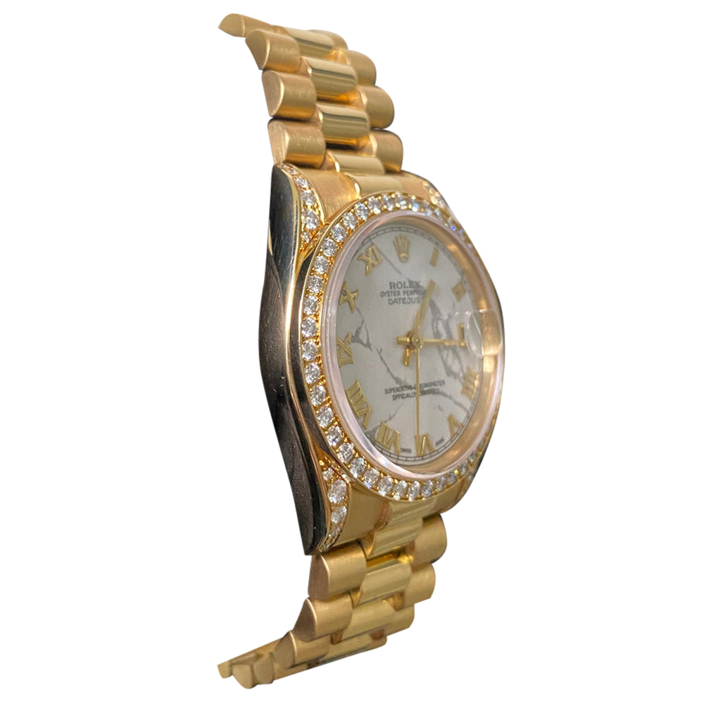 

Rolex White Marble Diamonds 18K Yellow Gold President Datejust 68158 Women's Wristwatch 31 MM
