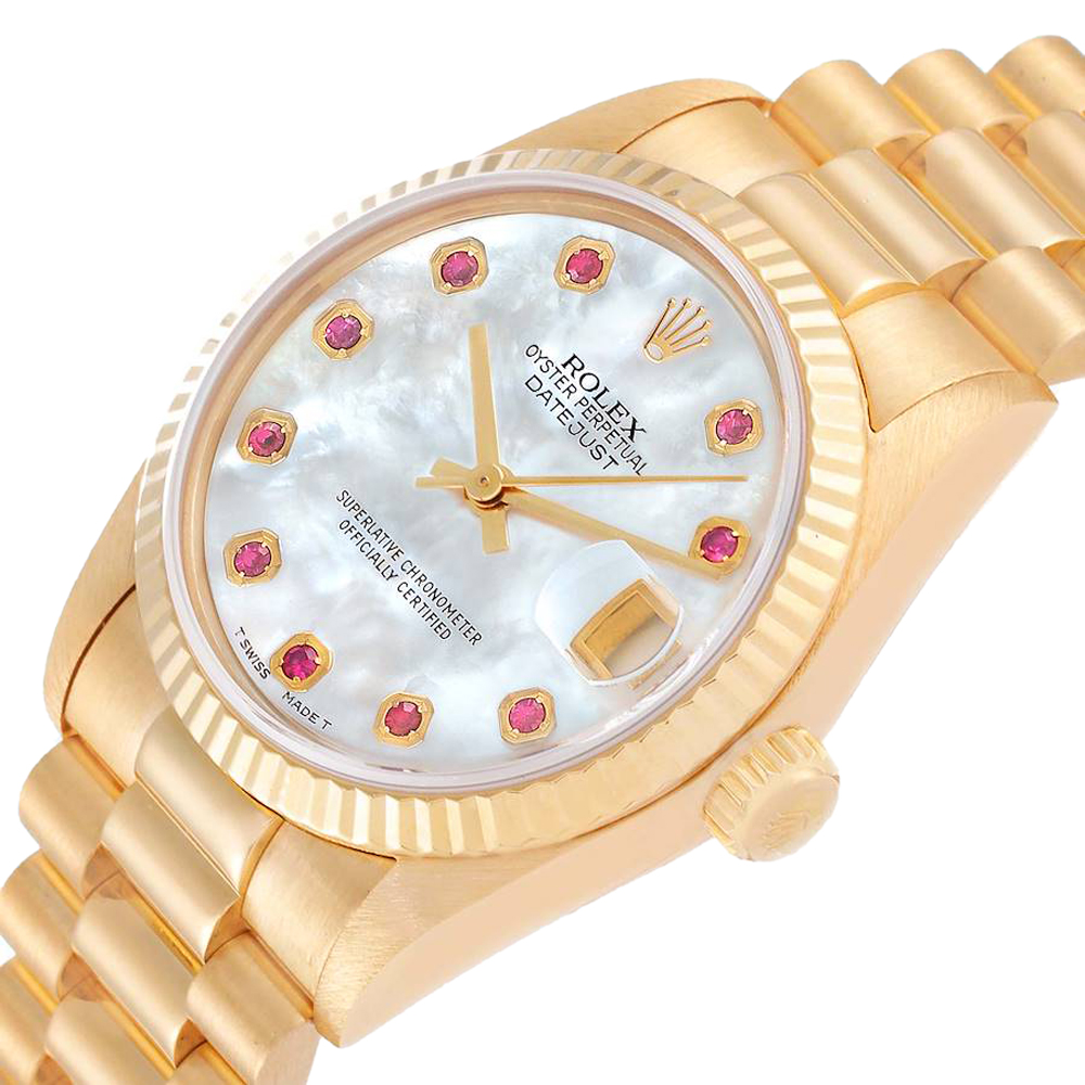 

Rolex MOP Ruby 18K Yellow Gold President Datejust 68278 Women's Wristwatch 31 MM, White