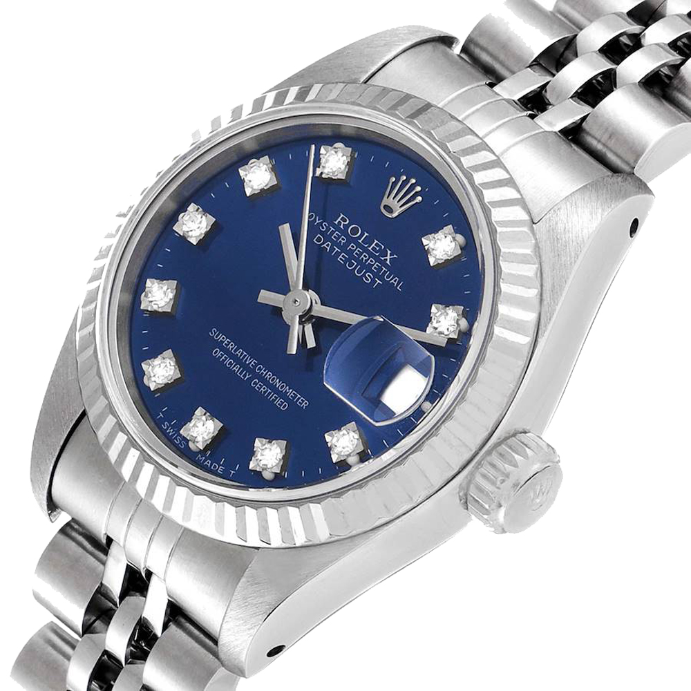 

Rolex Blue 18K White Gold Diamond Stainless Steel Datejust 69174 Women's Wristwatch