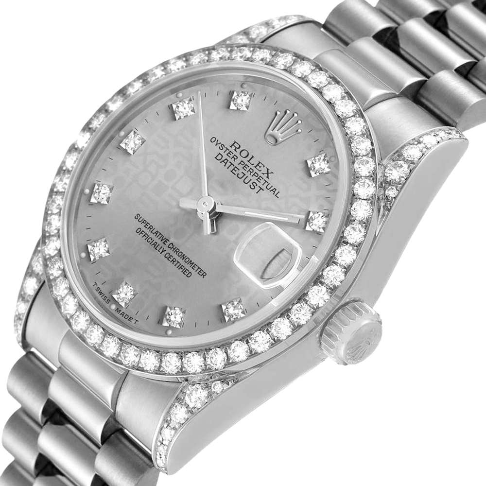 

Rolex Silver Diamonds 18K White Gold President Datejust 68159 Women's Wristwatch 31 MM