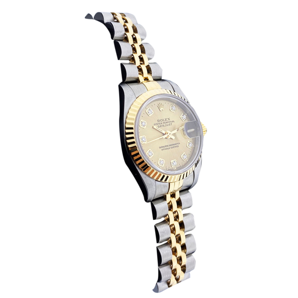 

Rolex Champagne Diamonds 18K Yellow Gold And Stainless Steel Datejust 69173 Women's Wristwatch 26 MM