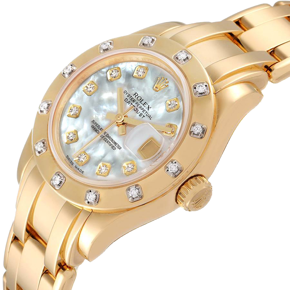 

Rolex MOP Diamonds 18K Yellow Gold Pearlmaster 80318 Women's Wristwatch 29 MM, White