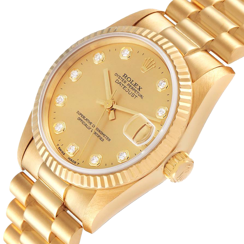 

Rolex Champagne Diamonds 18K Yellow Gold President Datejust 68278 Women's Wristwatch 31 MM