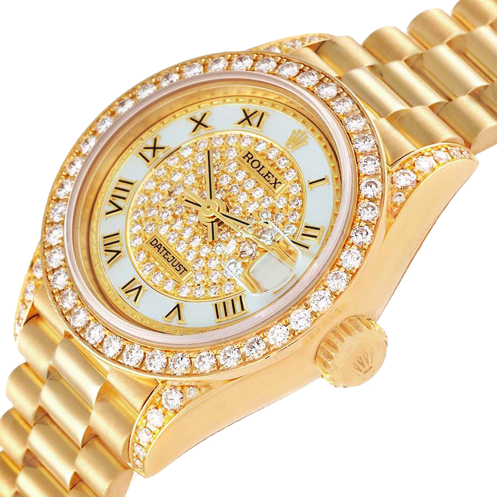 

Rolex MOP Diamonds 18K Yellow Gold President Datejust 69158 Women's Wristwatch 26 MM, White