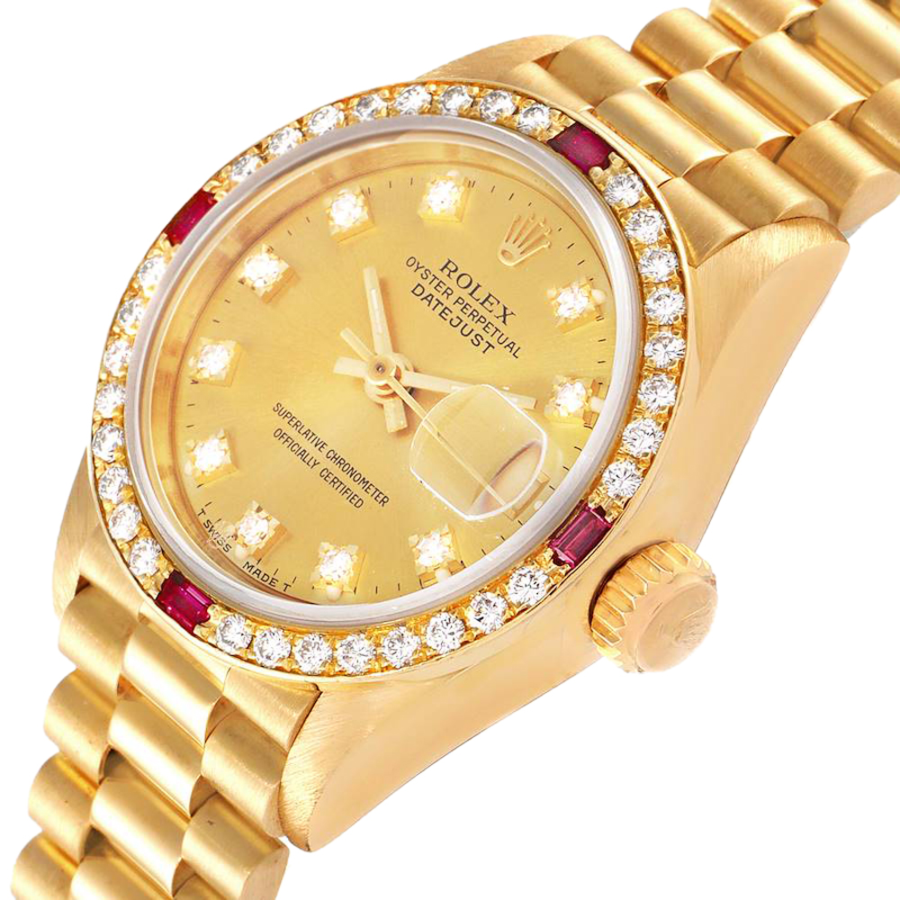 

Rolex Champagne Diamonds And Ruby 18K Yellow Gold President Datejust 69068 Women's Wristwatch 26 MM