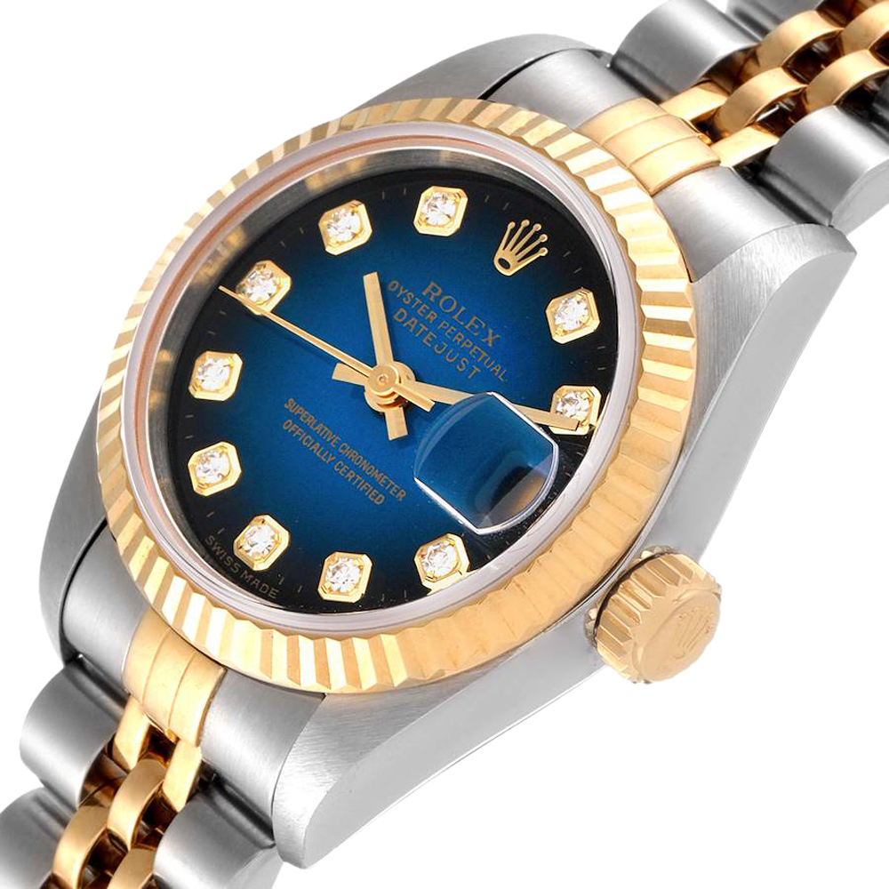 

Rolex Blue Diamonds 18K Yellow Gold And Stainless Steel Datejust 69173 Women's Wristwatch 26 MM