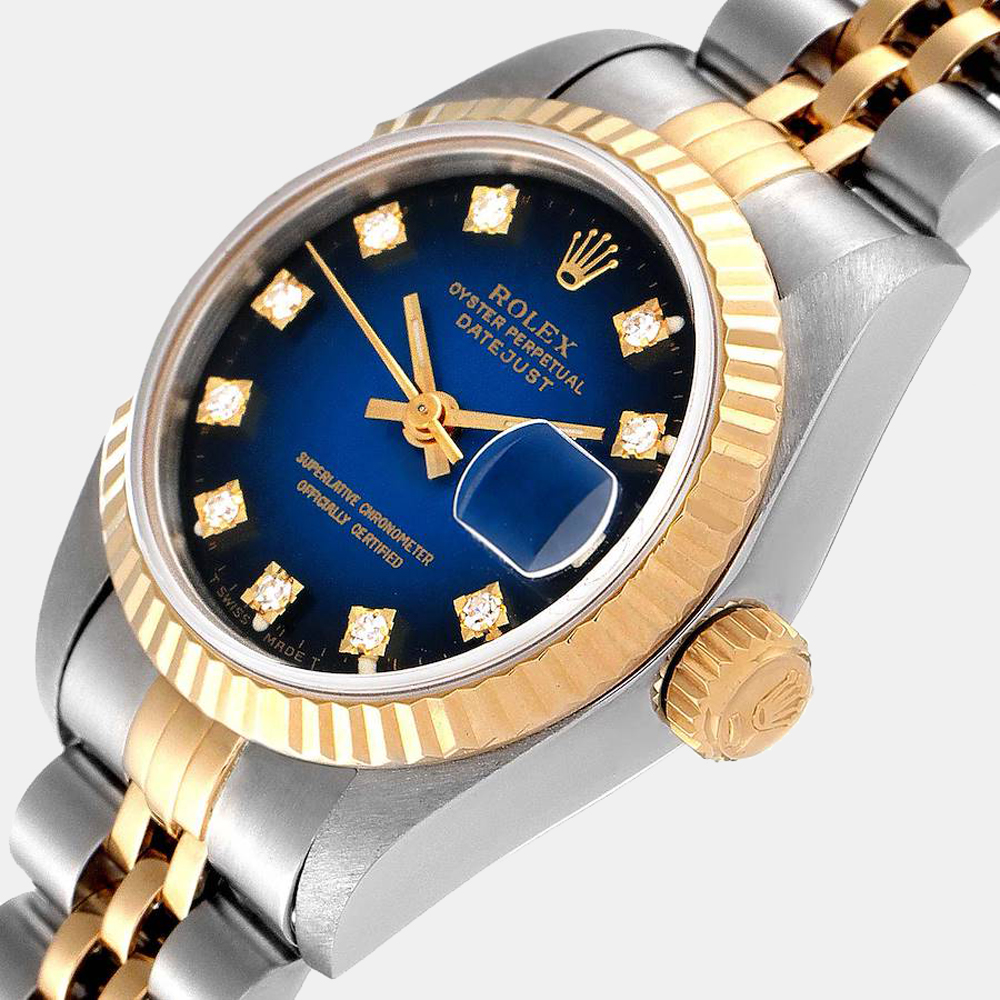 

Rolex Blue Diamonds 18K Yellow Gold And Stainless Steel Datejust 69173 Women's Wristwatch 26 mm