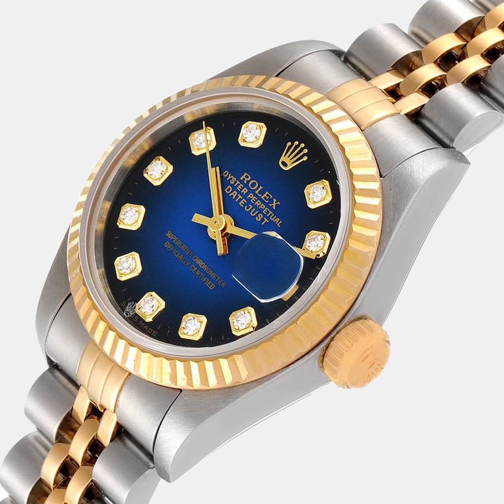 

Rolex Blue Diamonds 18K Yellow Gold And Stainless Steel Datejust 69173 Women's Wristwatch 26 MM