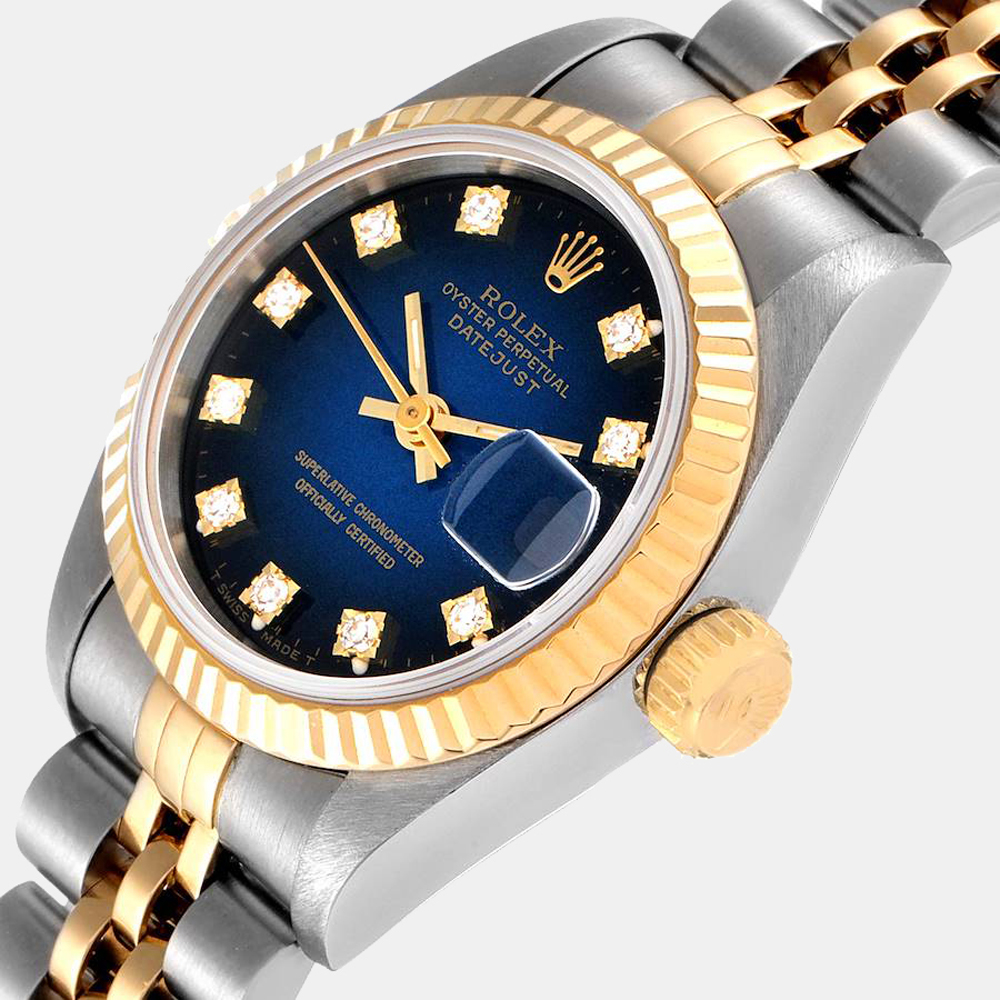 

Rolex Blue Diamonds 18K Yellow Gold And Stainless Steel Datejust 69173 Women's Wristwatch 26 MM