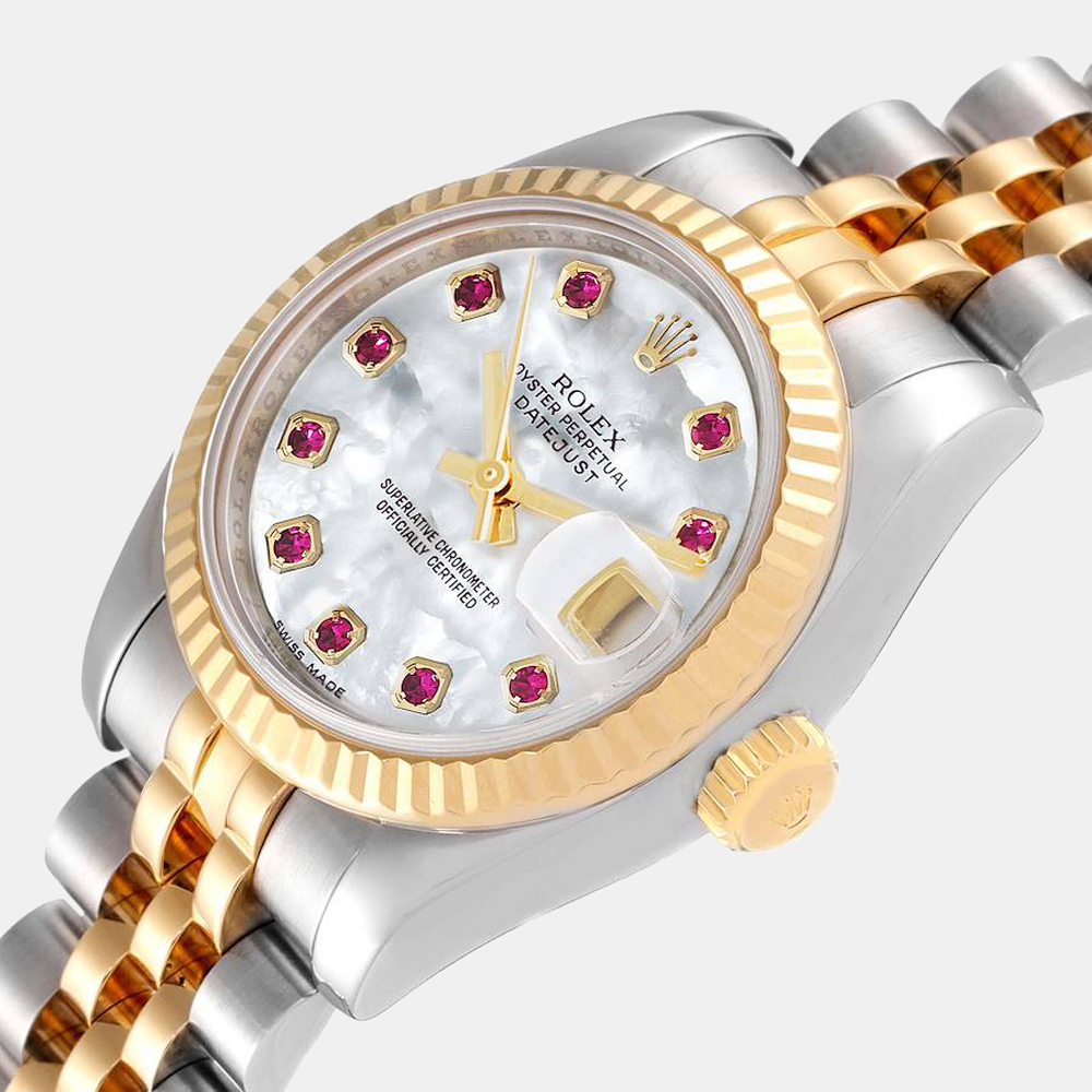 

Rolex MOP Ruby 18K Yellow Gold And Stainlesss Steel Datejust 179173 Women's Wristwatch 26 mm, White