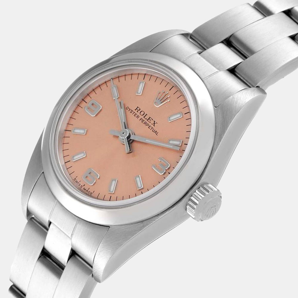 

Rolex Salmon Stainless Steel Oyster Perpetual 76080 Women's Wristwatch 24 MM, Pink