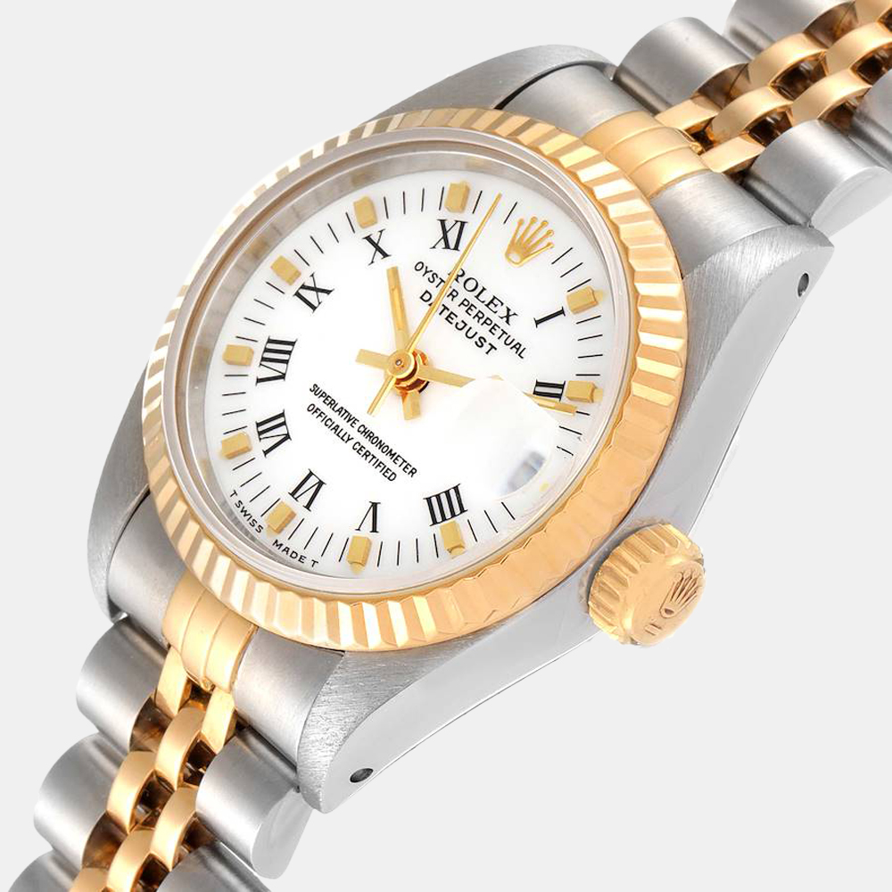 

Rolex White 18k Yellow Gold And Stainless Steel Datejust 69173 Women's Wristwatch 26 MM