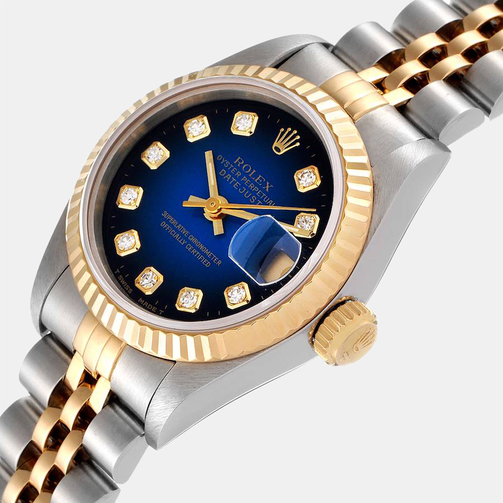 

Rolex Blue Diamonds 18K Yellow Gold And Stainless Steel Datejust 69173 Women's Wristwatch 26 MM