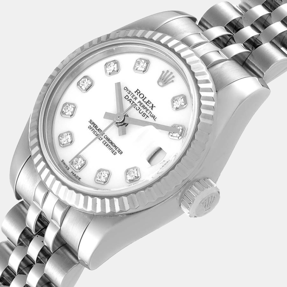 

Rolex White Diamonds 18K White Gold And Stainless Steel Datejust 179174 Women's Wristwatch 26 mm