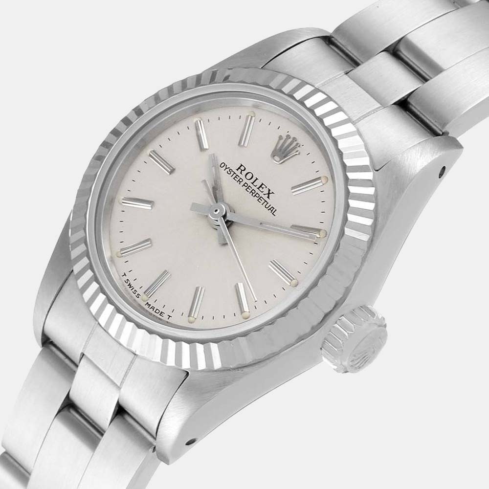 

Rolex Silver 18k White Gold And Stainless Steel Oyster Perpetual 67194 Women's Wristwatch 24 mm