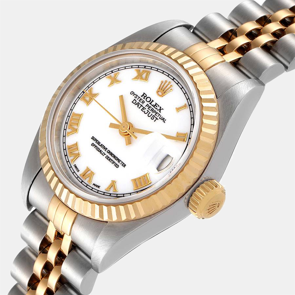 

Rolex White 18K Yellow Gold And Stainless Steel Datejust 79173 Women's Wristwatch 26 MM
