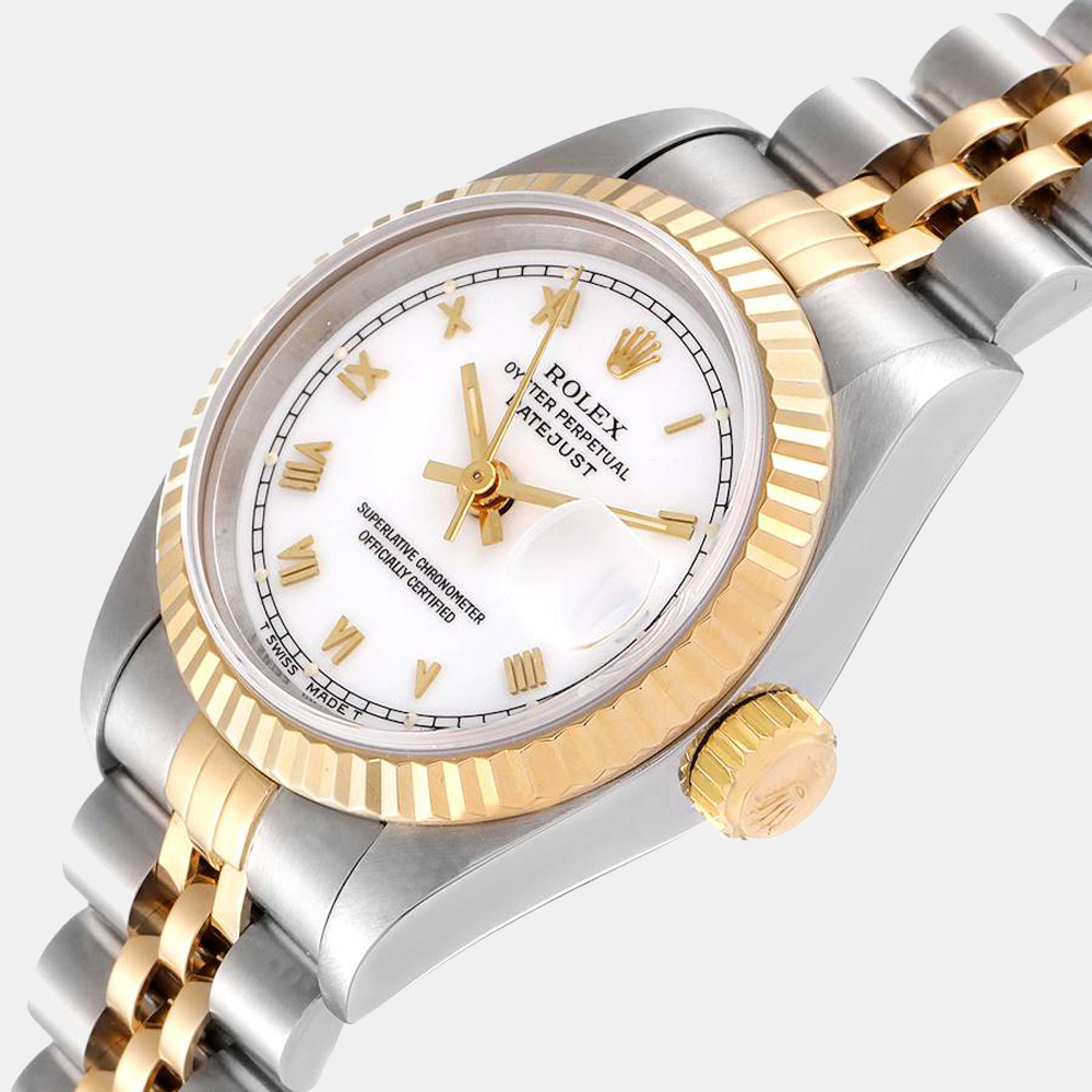 

Rolex White 18k Yellow Gold And Stainless Steel Datejust 69173 Women's Wristwatch 26 MM