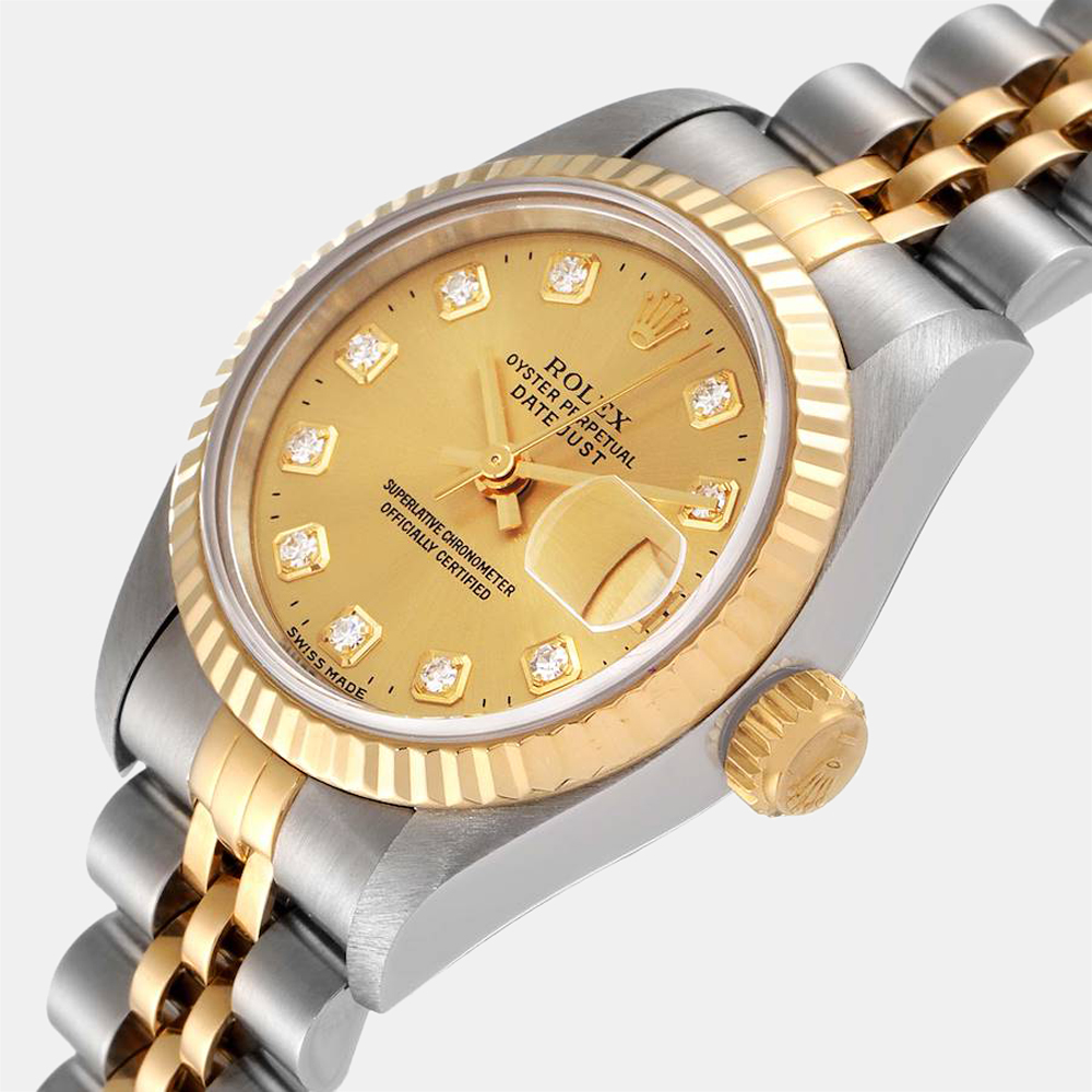 

Rolex Champagne Diamonds 18K Yellow Gold And Stainless Steel Datejust 69173 Women's Wristwatch 26 MM