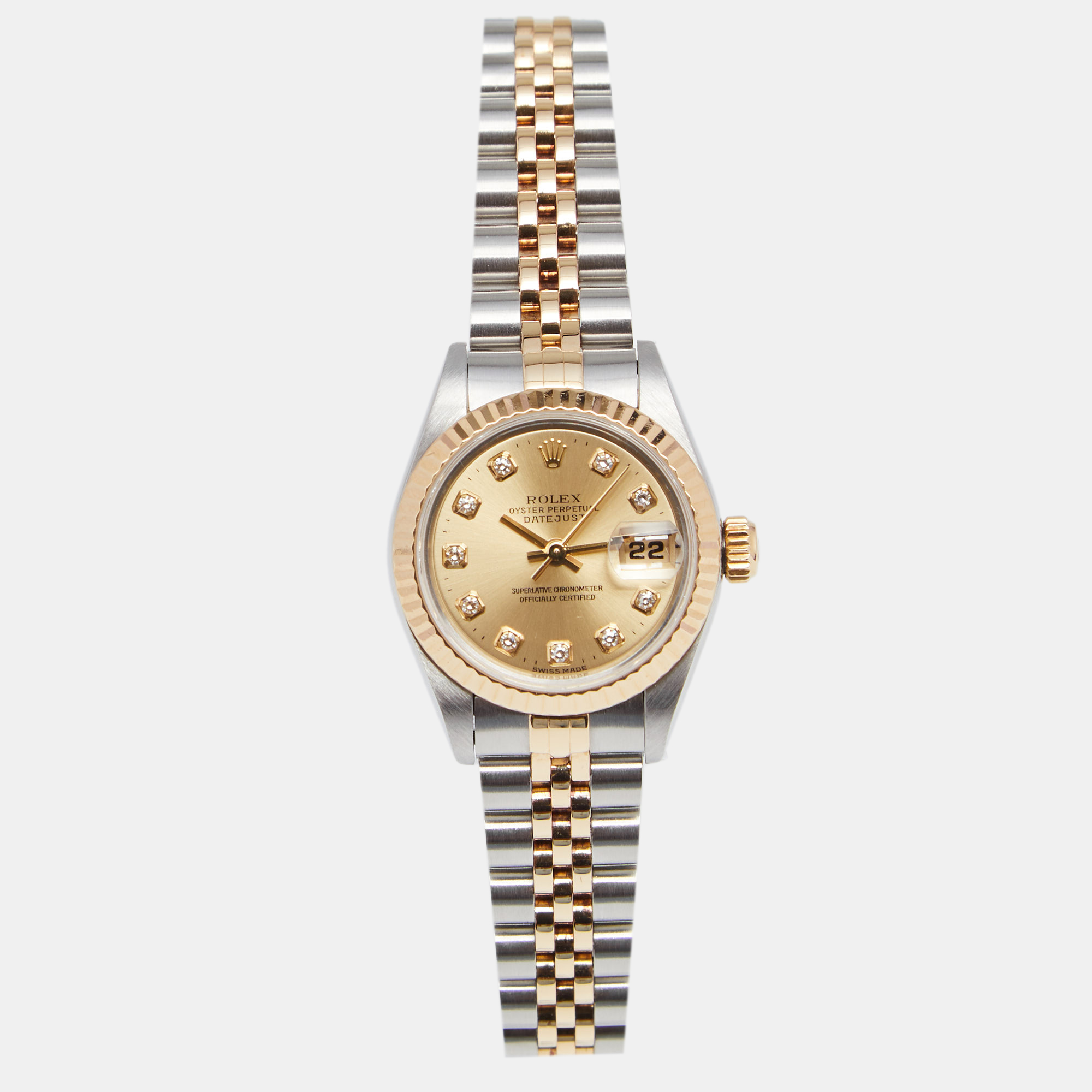 Pre Owned Rolex Champagne Diamonds 18K Yellow Gold Stainless Steel Datejust 69173 Women's Wristwatch 26 MM