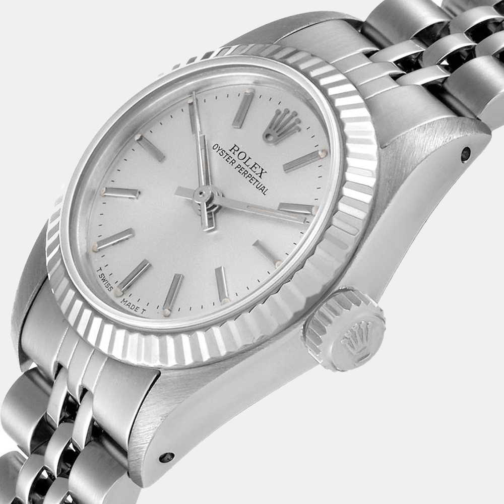 

Rolex Silver 18k White Gold And Stainless Steel Oyster Perpetual 67194 Women's Wristwatch 24 MM