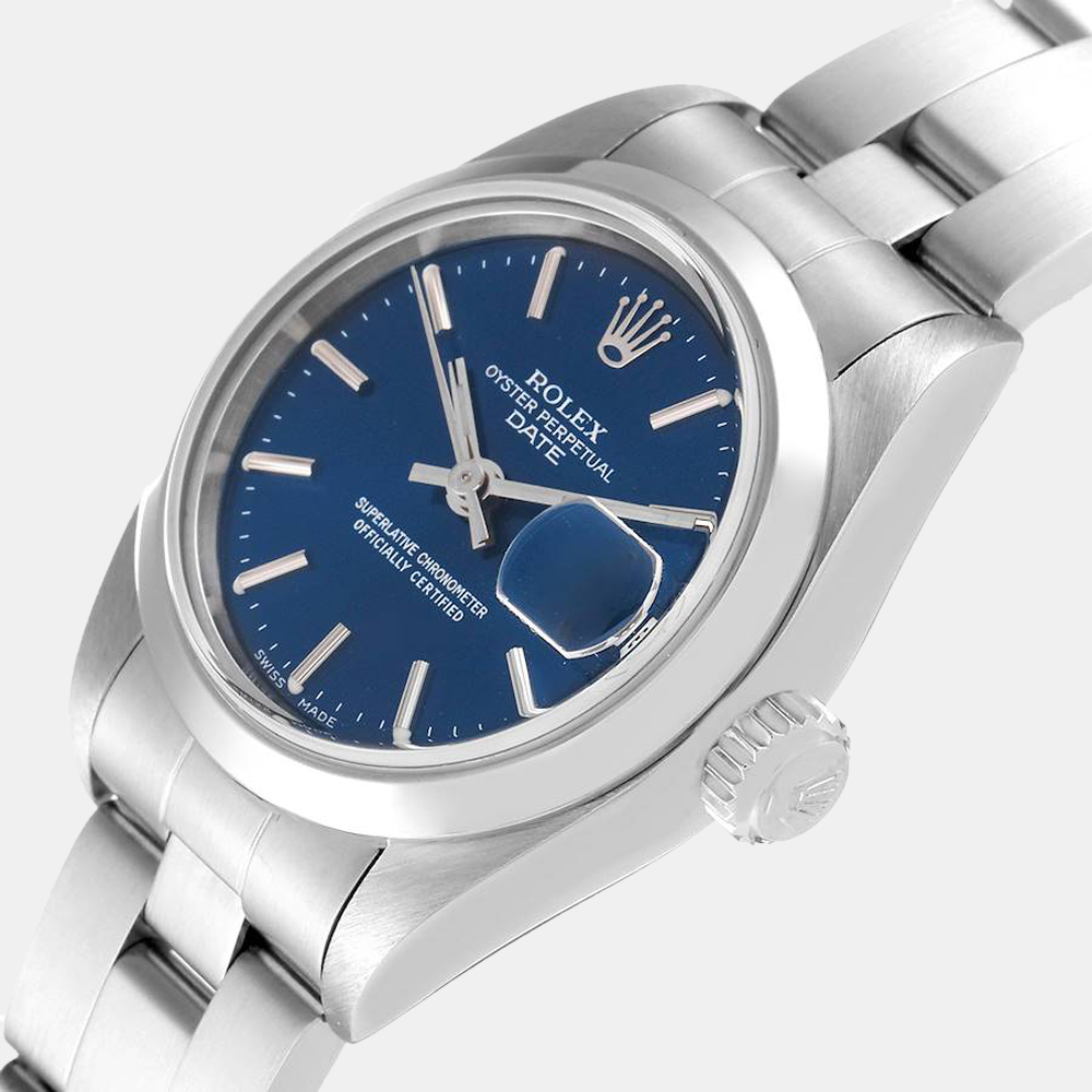 

Rolex Blue Stainless Steel Oyster Perpetual Date 69160 Women's Wristwatch 26 mm