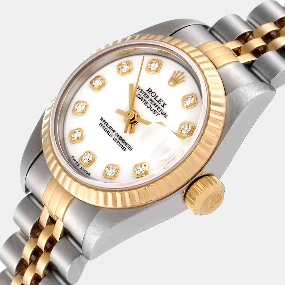 

Rolex White Diamonds 18K Yellow Gold And Stainless Steel Datejust 69173 Women's Wristwatch 26 MM