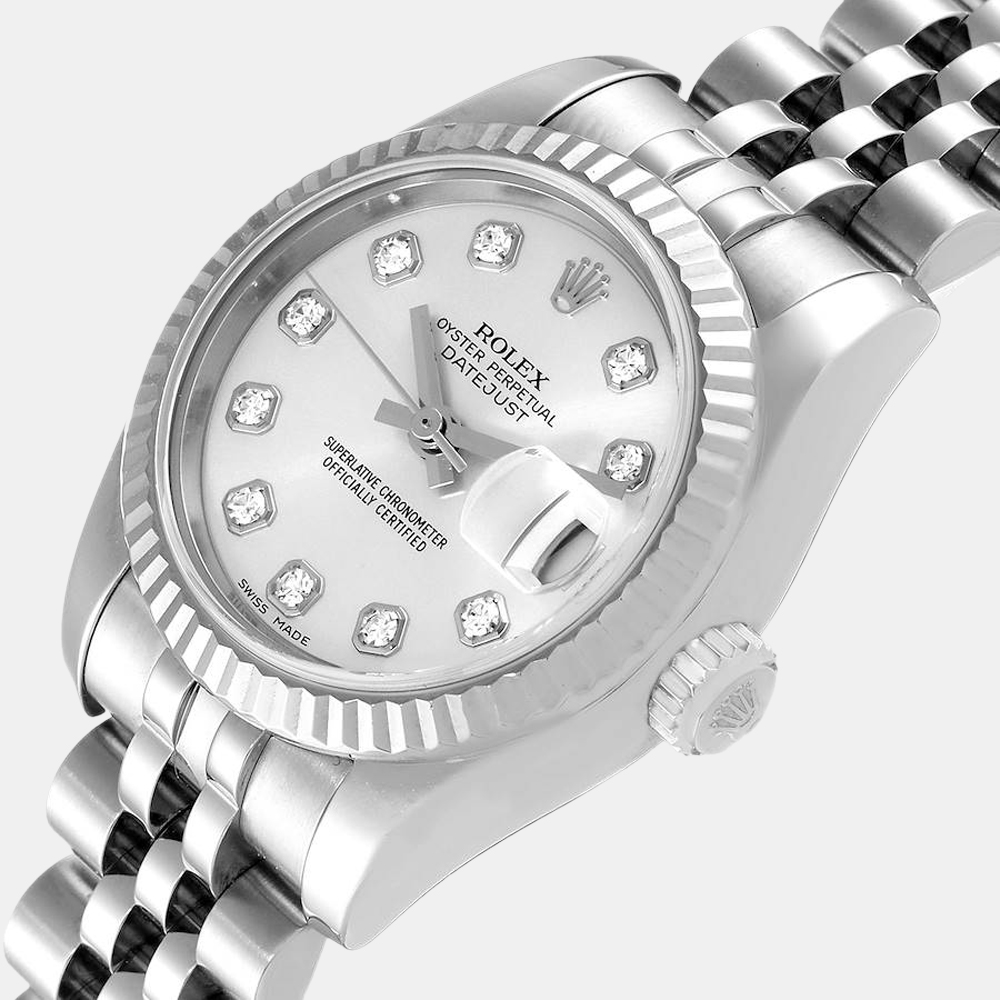 

Rolex Silver Diamonds 18K White Gold And Stainless Steel Datejust 179174 Women's Wristwatch 26 mm