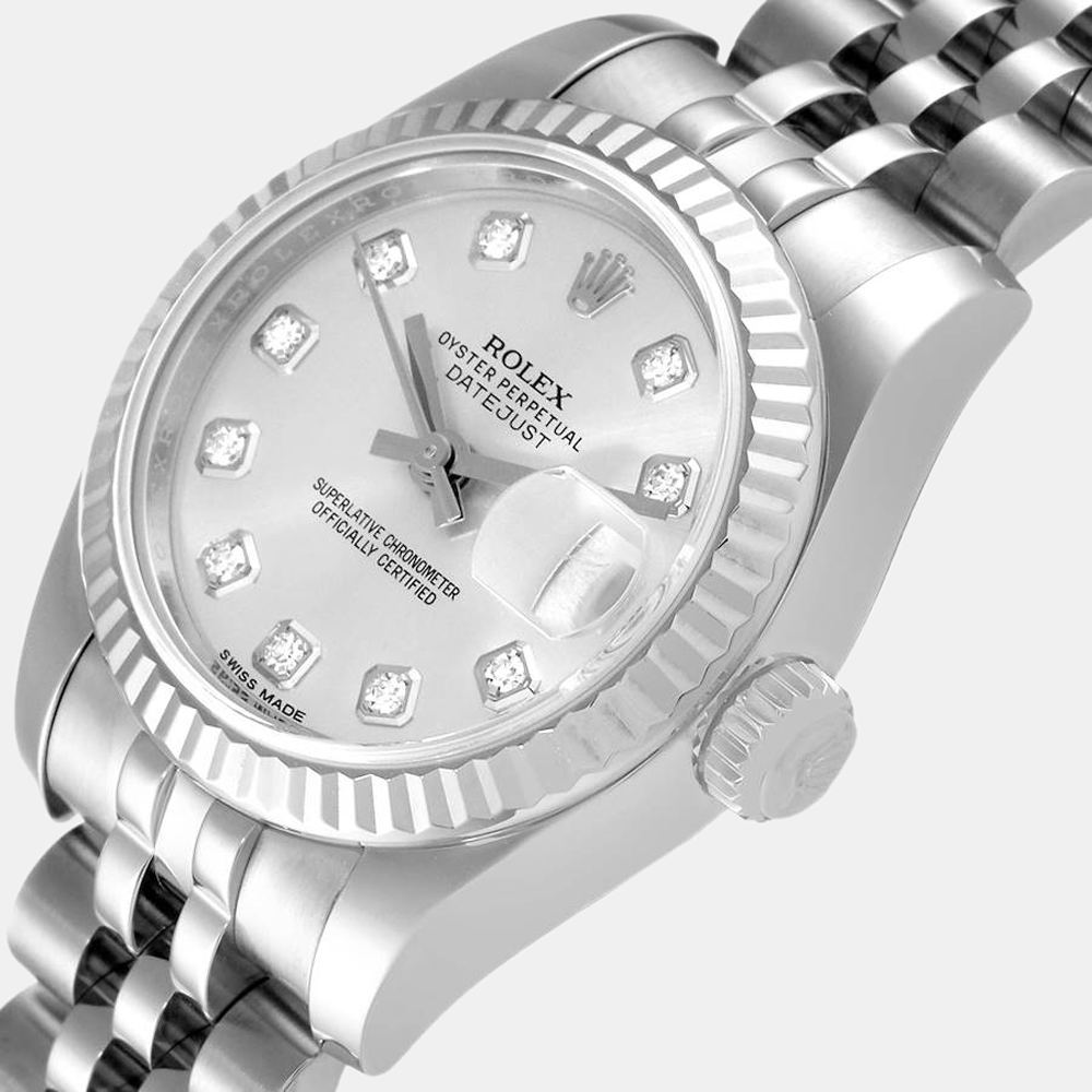 

Rolex Silver Diamonds 18K White Gold And Stainless Steel Datejust 179174 Women's Wristwatch 26 mm