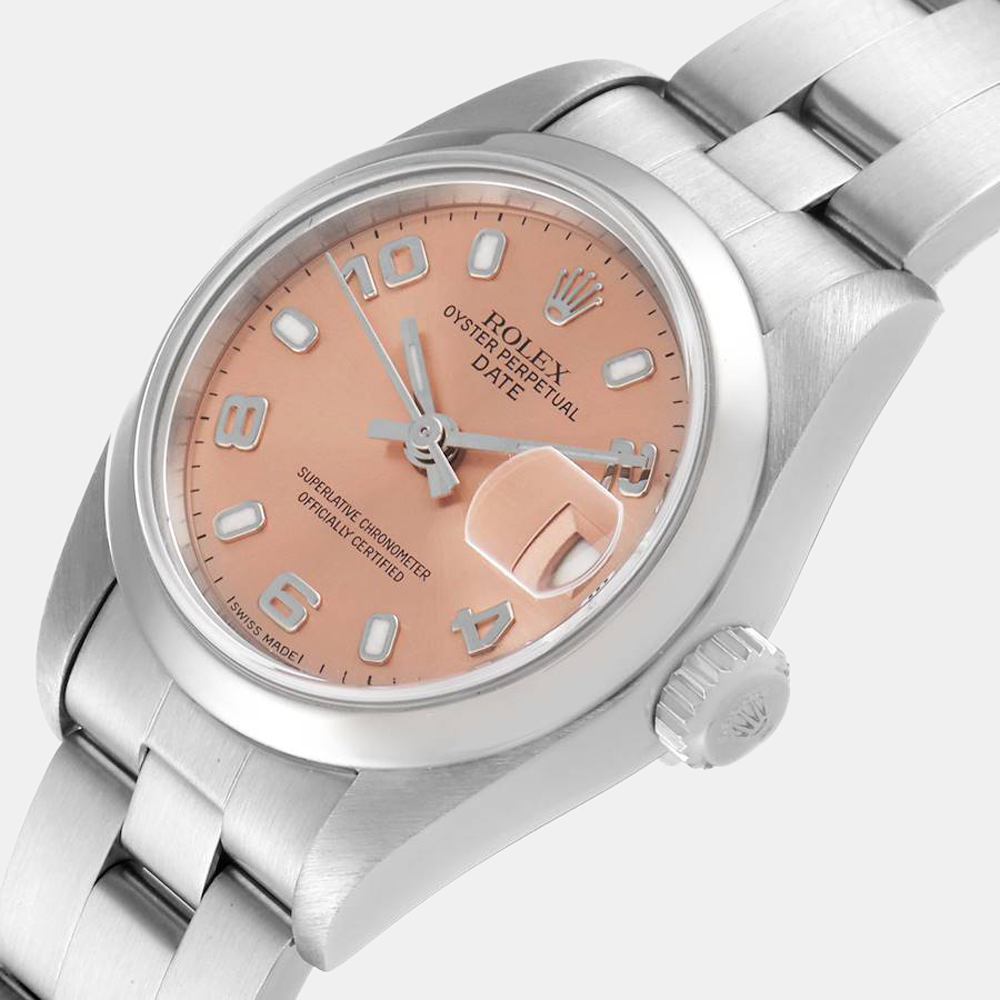 

Rolex Salmon Stainless Steel Oyster Pepertual Date 69160 Women's Wristwatch 26 mm, Pink