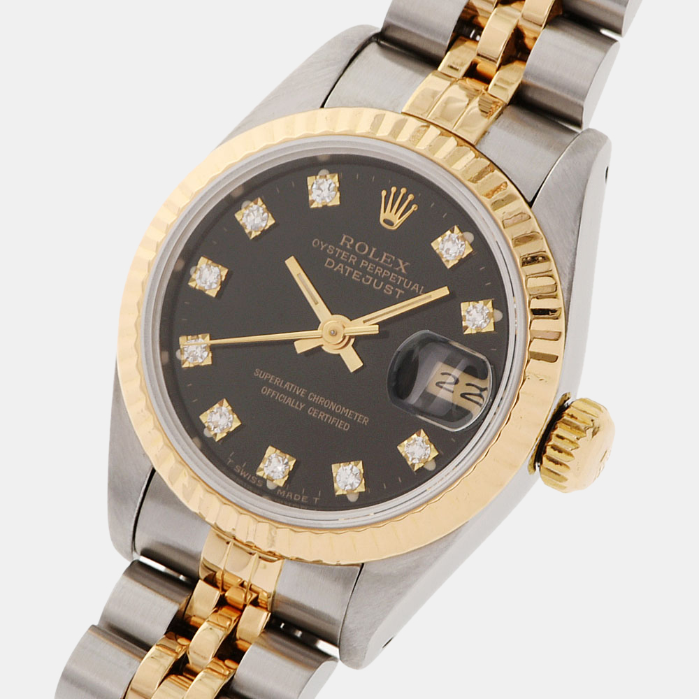 

Rolex Black Diamonds 18K Yellow Gold And Stainless Steel Datejust 69173 Women's Wristwatch 26 MM