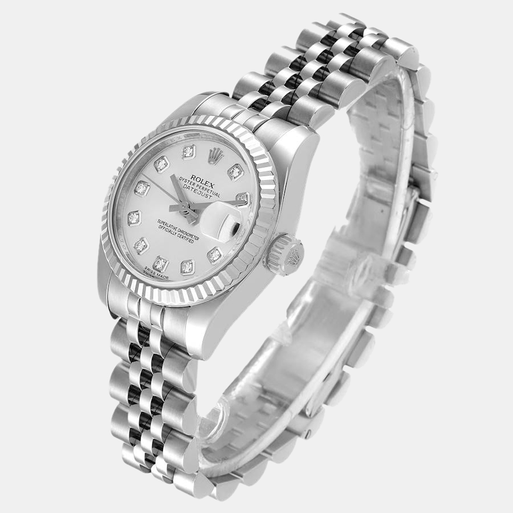 

Rolex Silver Diamonds 18K White Gold And Stainless Steel Datejust 179174 Women's Wristwatch 26 mm