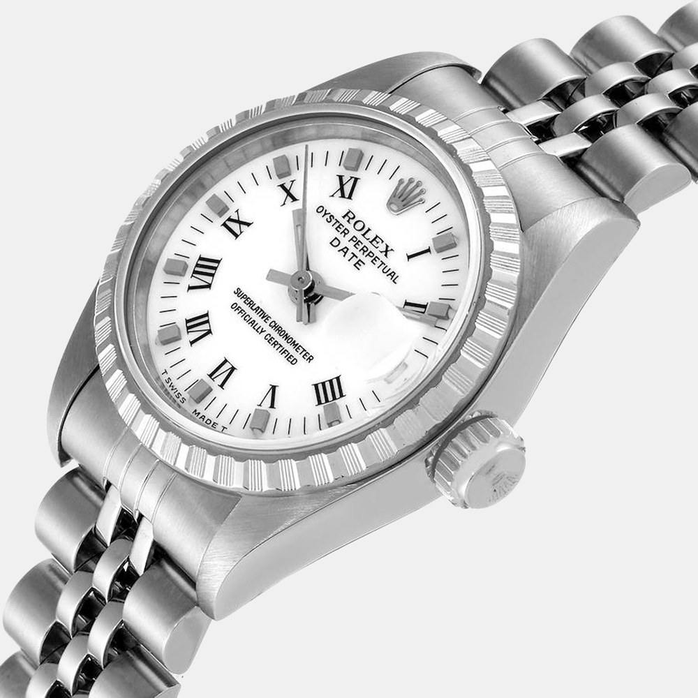 

Rolex White Stainless Steel Oyster Perpetual Date 69240 Women's Wristwatch 26 mm