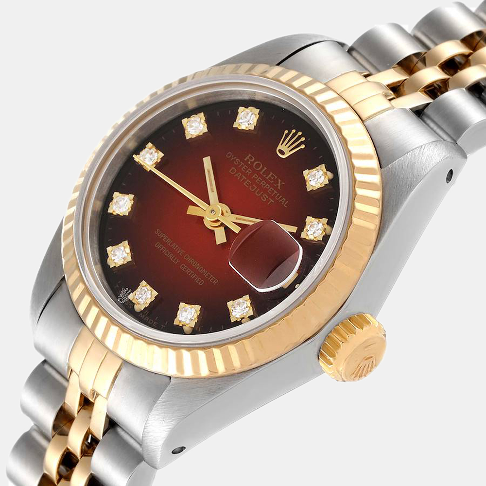 

Rolex Red Diamonds 18k Yellow Gold And Stainless Steel Datejust 69173 Women's Wristwatch 26 mm