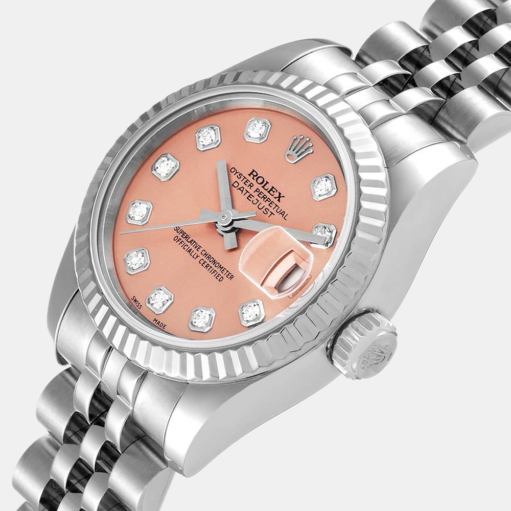 

Rolex Salmon Diamonds 18K White Gold And Stainless Steel Datejust 179174 Women's Wristwatch 26 mm, Pink