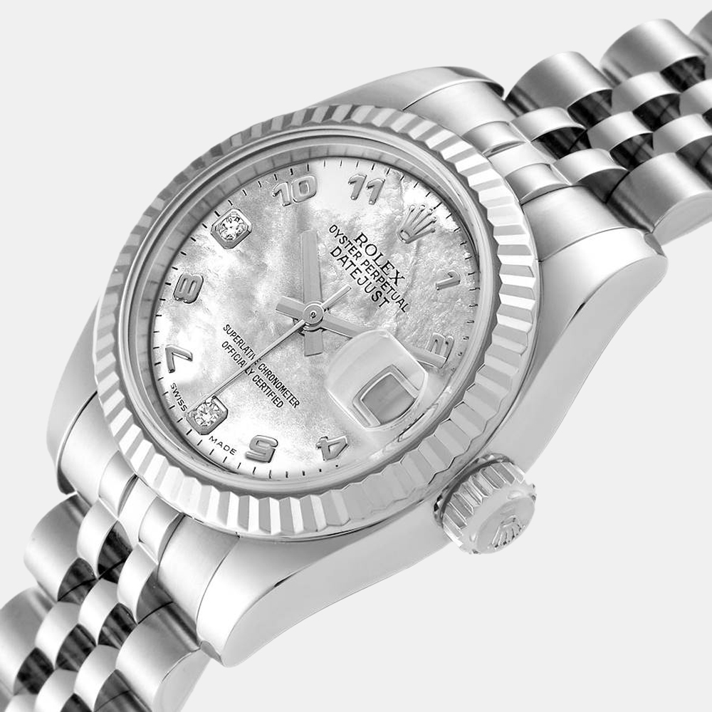 

Rolex MOP Diamonds 18k White Gold And Stainless Steel Datejust 179174 Women's Wristwatch 26 mm